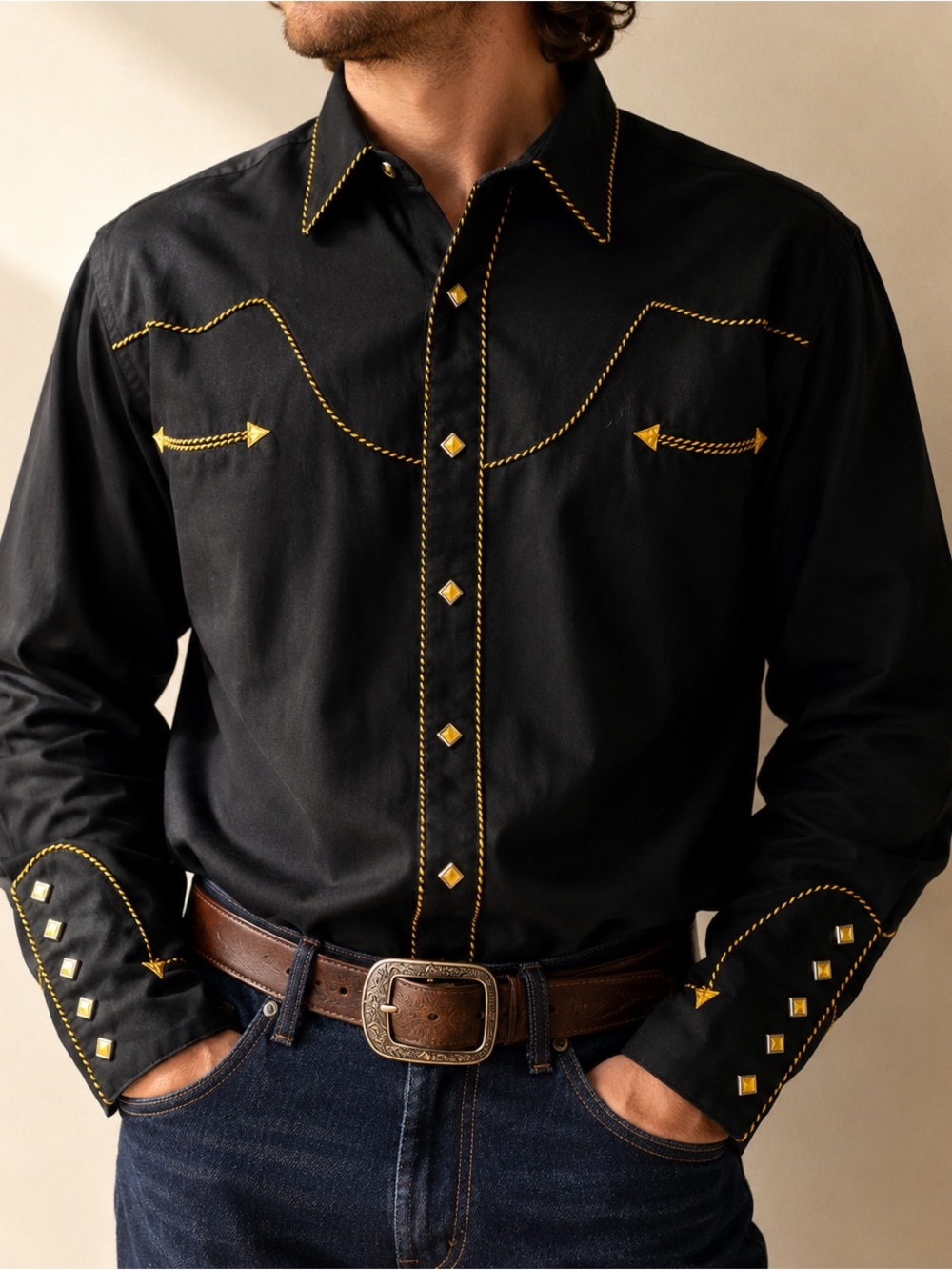 Vintage Panhandle Slim Black Western Rodeo Pearl Snap Shirt Gold Embroidery XL